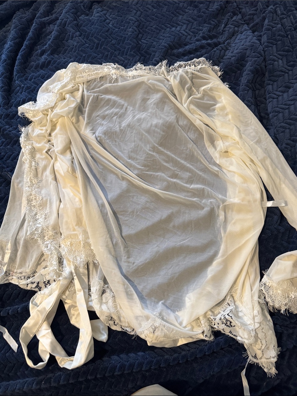Fashion Nova Sheer Lace-Trim Robe in Cream